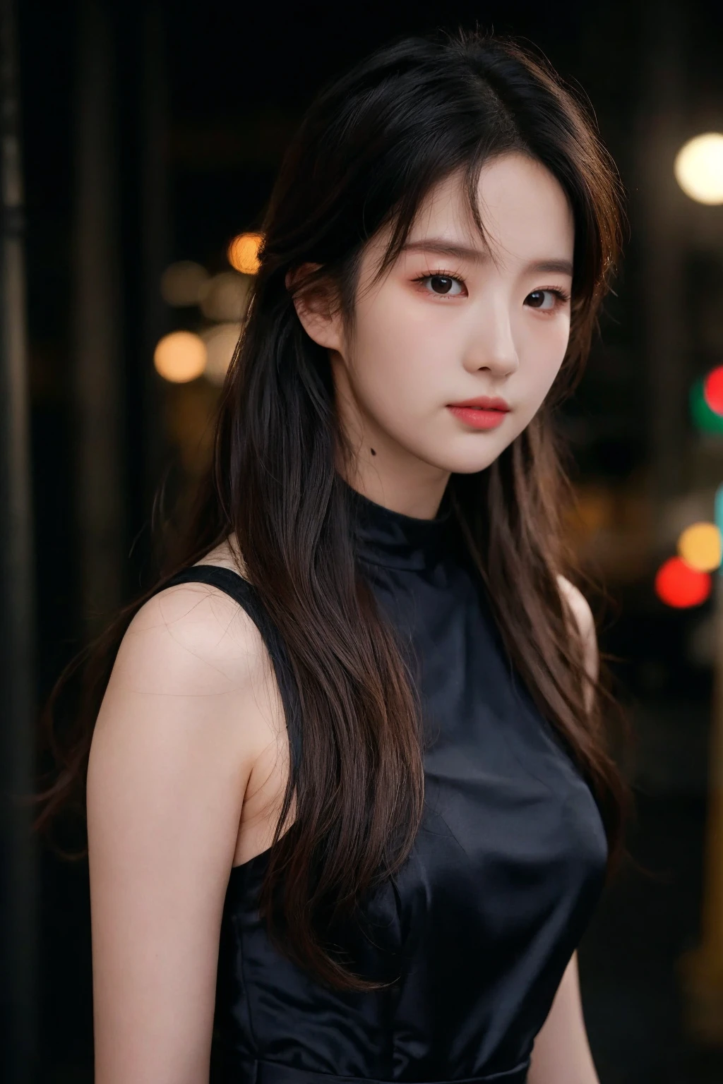 ((upper body:1.2)), nikon RAW photo, 8 k, long hair, Fujifilm XT3,masterpiece, best quality, realistic, photorealistic, ultra detailed, extremely detailed face, solo,1girl, standing, fashionable and trendy atmosphere, and a stylish expression on her face, close up, black dress, walking, at the dark streets, moonrise, sleeveless, fabric clothes,<lbm=FACES>