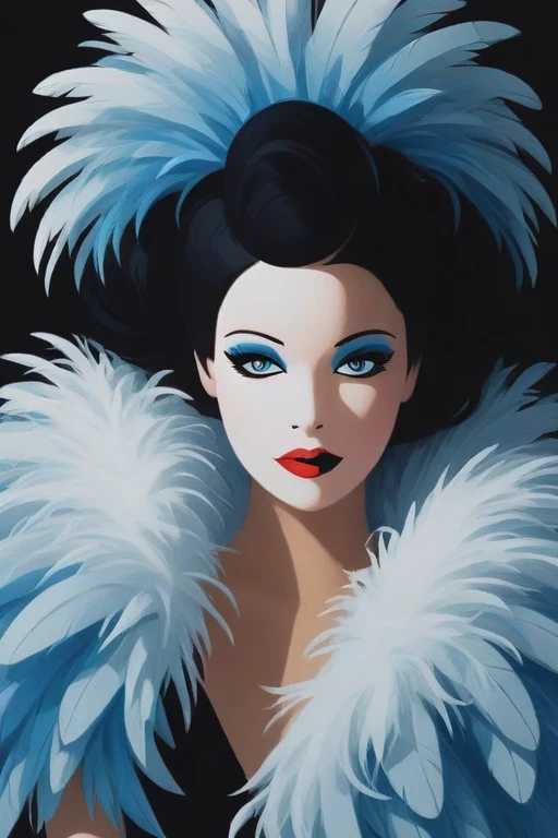 Colorful vector artwork of a woman in a feather boa using only the colors blue, white and black, cropped image, by Malika Favre <lora:Malika_Favre_Style_XL>