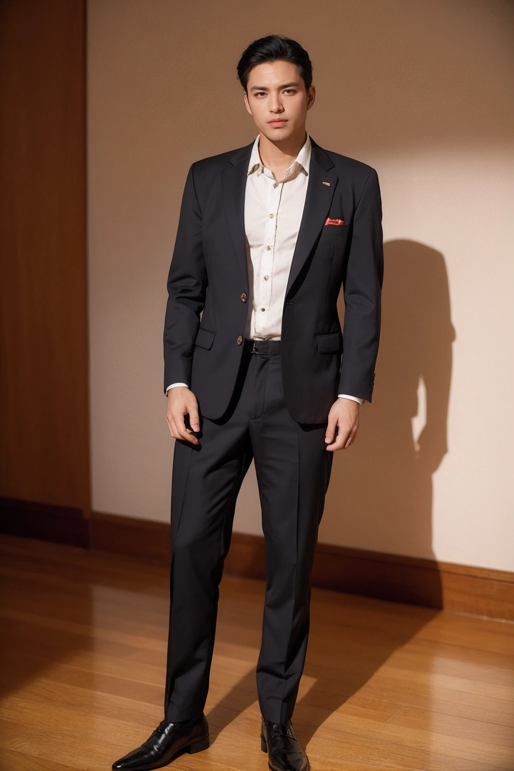 (1man:1.4),(male:1.2),(full body:1.2),(Collared shirt and blazer and suit trousers:1.4),<lora:Male_2:0.8>,