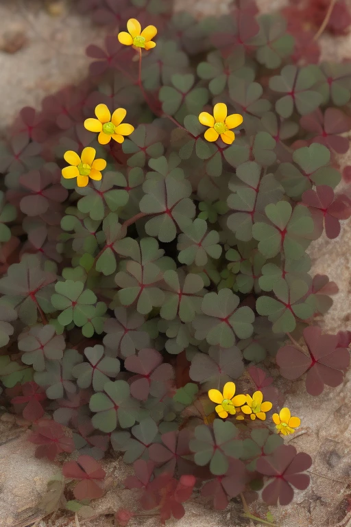(masterpiece), (best quality), (extremely detailed), photo realistic, (no humans), scenery, outdoors, sun, day, sky, cloud, in the prairie, <lora:Oxalis Texture V1.0:1>, corniculata atropurpurea, murasaki katabami, flower, yellow flower,