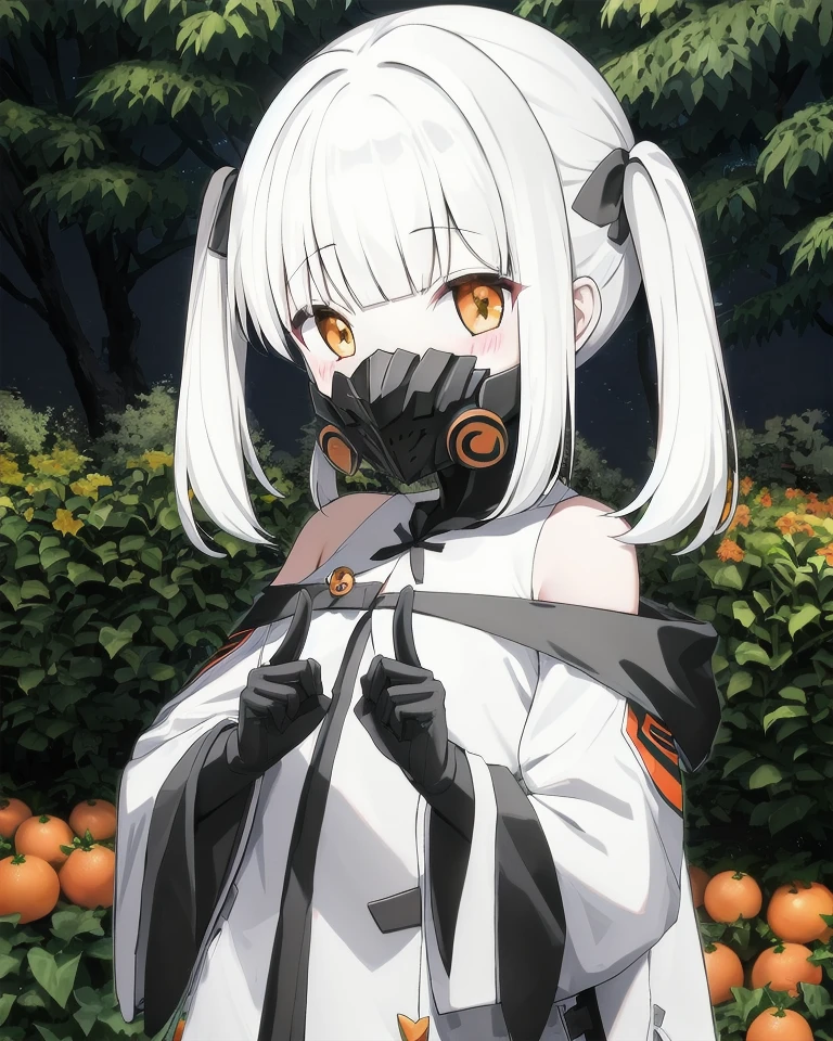 <lora:Ein-Locon-Prodigy-v3:0.7> Ein, 1girl, mask, white hair, twintails, orange eyes, standing, garden, upper body, looking at viewer, peace sign, v