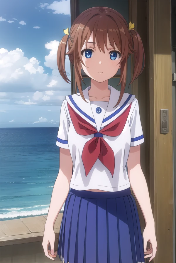 akenomisaki, <lora:akeno misaki s1-lora-nochekaiser:1>,
akeno misaki, ribbon, short hair, blue eyes, brown hair, twintails, hair ribbon, smile,
BREAK skirt, school uniform, short sleeves, pleated skirt, serafuku, socks, blue skirt, neckerchief, red neckerchief, white sailor collar,
BREAK outdoors, ocean, boat, navy,
BREAK looking at viewer, (cowboy shot:1.5),
BREAK <lyco:GoodHands-beta2:1>, (masterpiece:1.2), best quality, high resolution, unity 8k wallpaper, (illustration:0.8), (beautiful detailed eyes:1.6), extremely detailed face, perfect lighting, extremely detailed CG, (perfect hands, perfect anatomy),