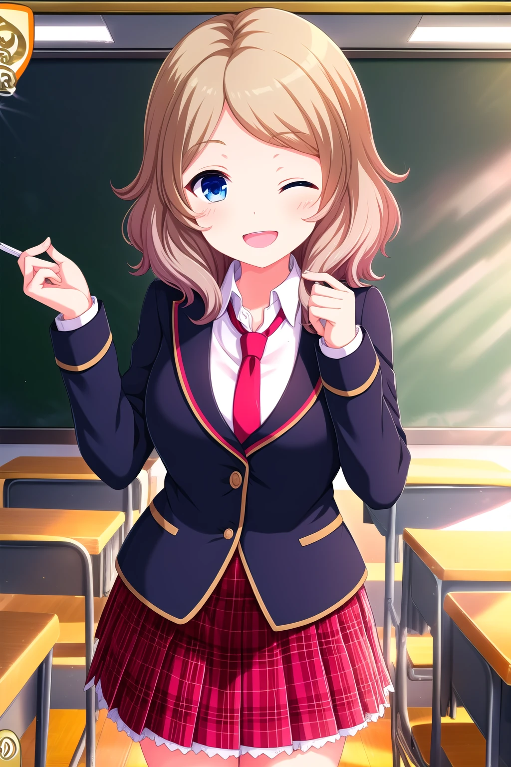 (masterpiece, best quality), highly detailed background, perfect lightingbest quality, yugekaede, solo, indoors, classroom, blonde hair, multicolored hair, brown hair, short hair, one eye closed, blue eyes, breasts, blue jacket, blazer, red necktie, white shirt, <lora:GoodHands-vanilla:1>, red skirt, plaid skirt, school uniform, smile, open mouth, ;d, pink lips, <lora:Yuge-Kaede:0.7>