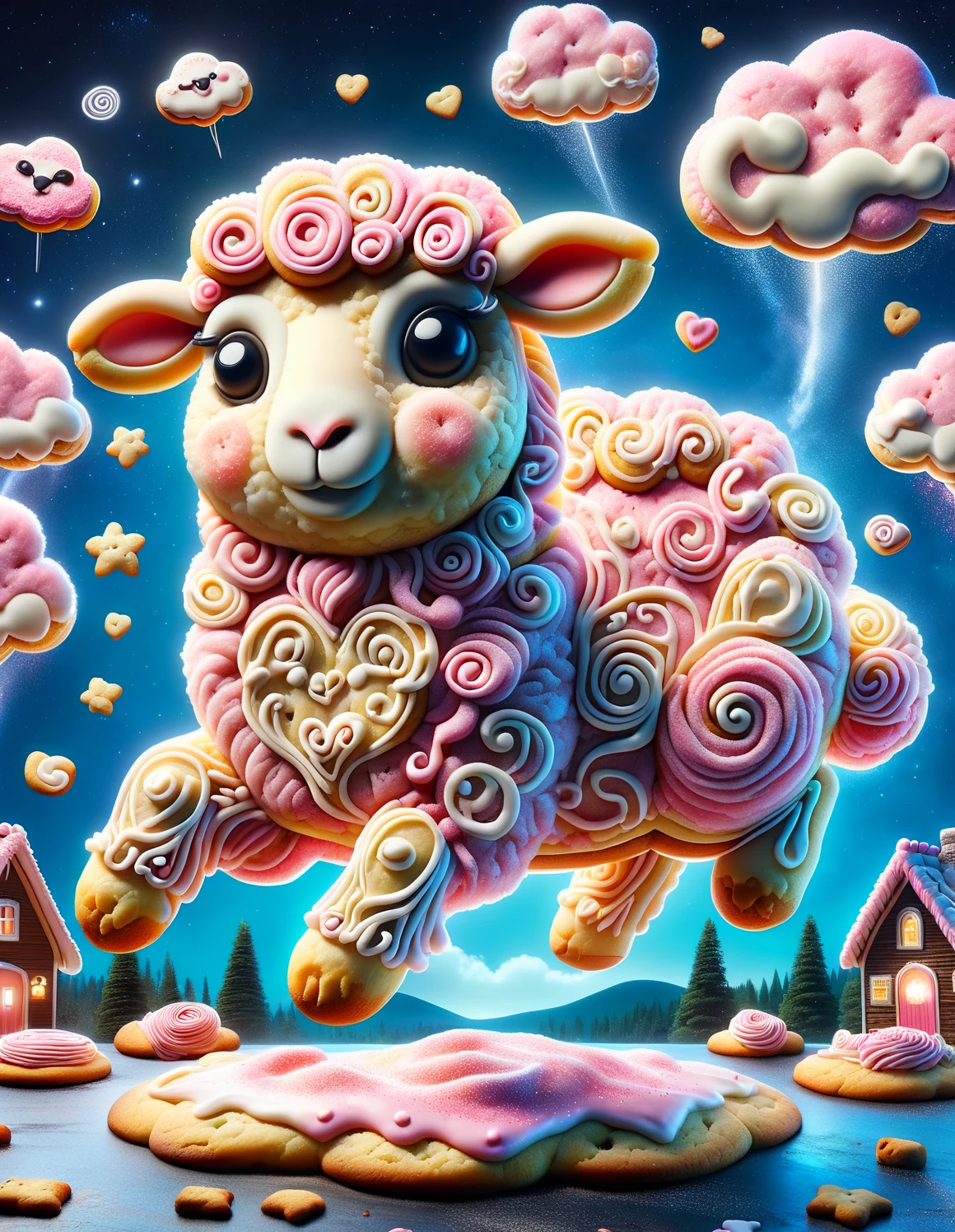 <lora:SDXLSugarCookie:1> sugarcookiestyle, Highly detailed Dynamic shot of texture fur cotton candy sheep jumping over cotton candy clouds at night sky, adorable, kawaii, highly detailed, beautiful