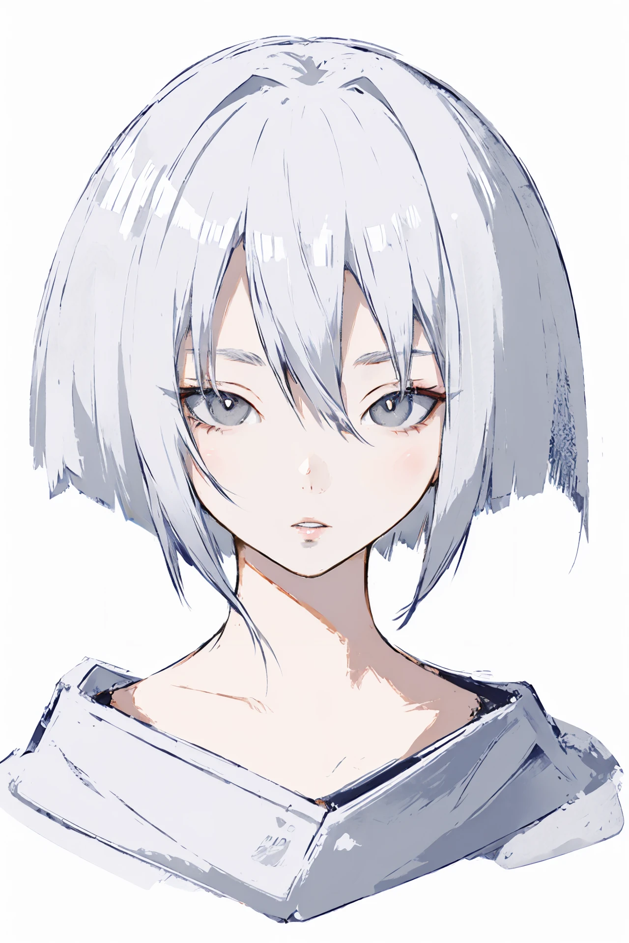 [:sketch:32],solo, 1girl, portrait, simple background, looking at viewer, white background, parted lips, grey eyes, white hair, hair between eyes, short hair, bangs, hand up
///////////   <lora:AkramBham:1>