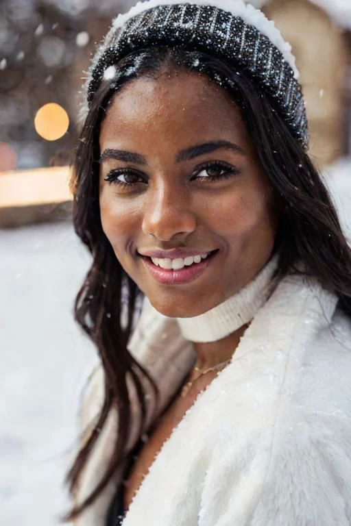 Close-up, dark-skinned girl enjoying snowfall, in motion, bottom-up view, stands out with bright winter outfit, energetic and lively scene.
Style by Gabriele Dell'otto, AI Midjourney, bright rich colors, watercolor, oil paints, HDR, 500px, 4k,