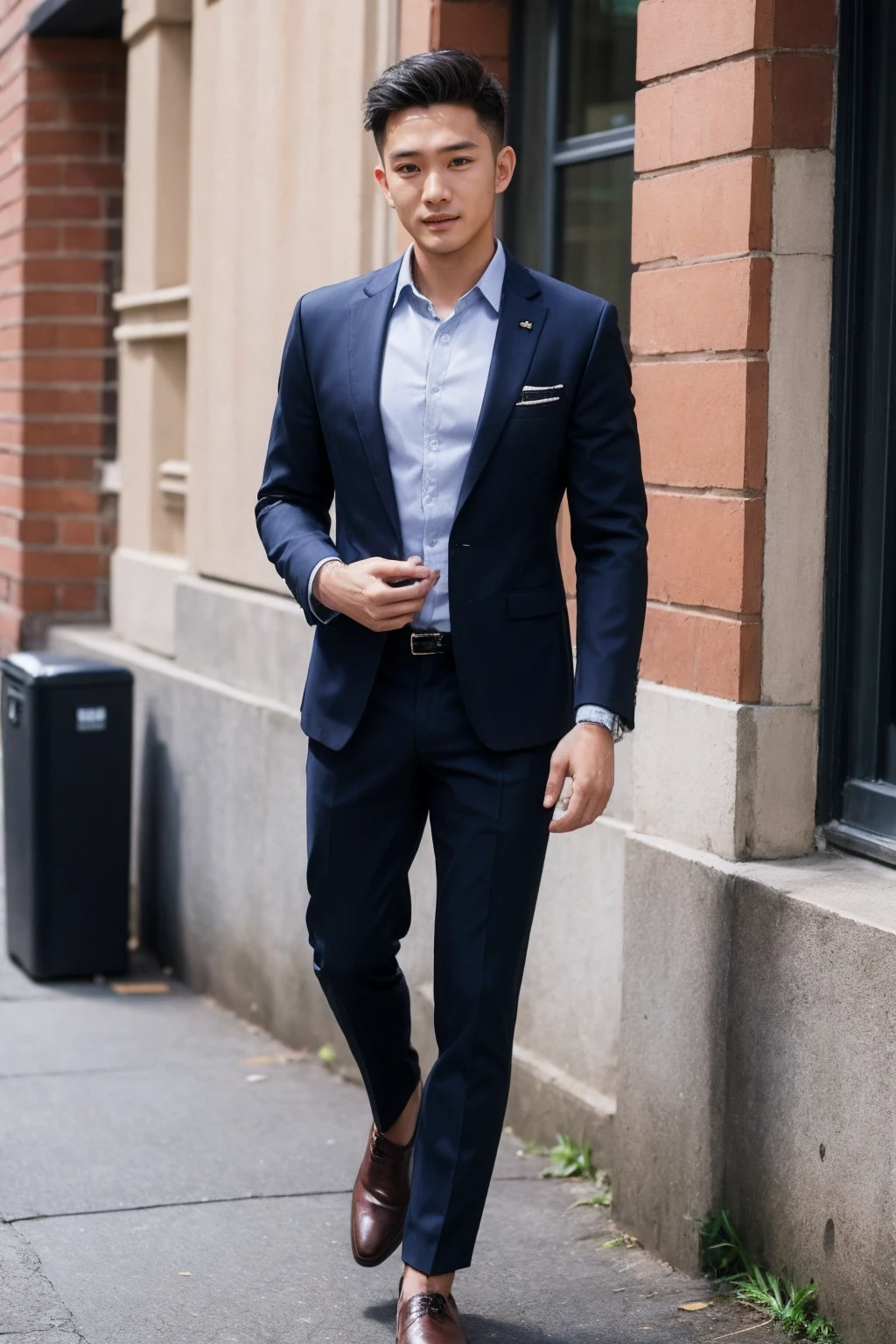 (1man:1.4),(male:1.2),(full body:1.2),(Collared shirt and blazer and suit trousers:1.4),<lora:AsianMan_5:0.8>,