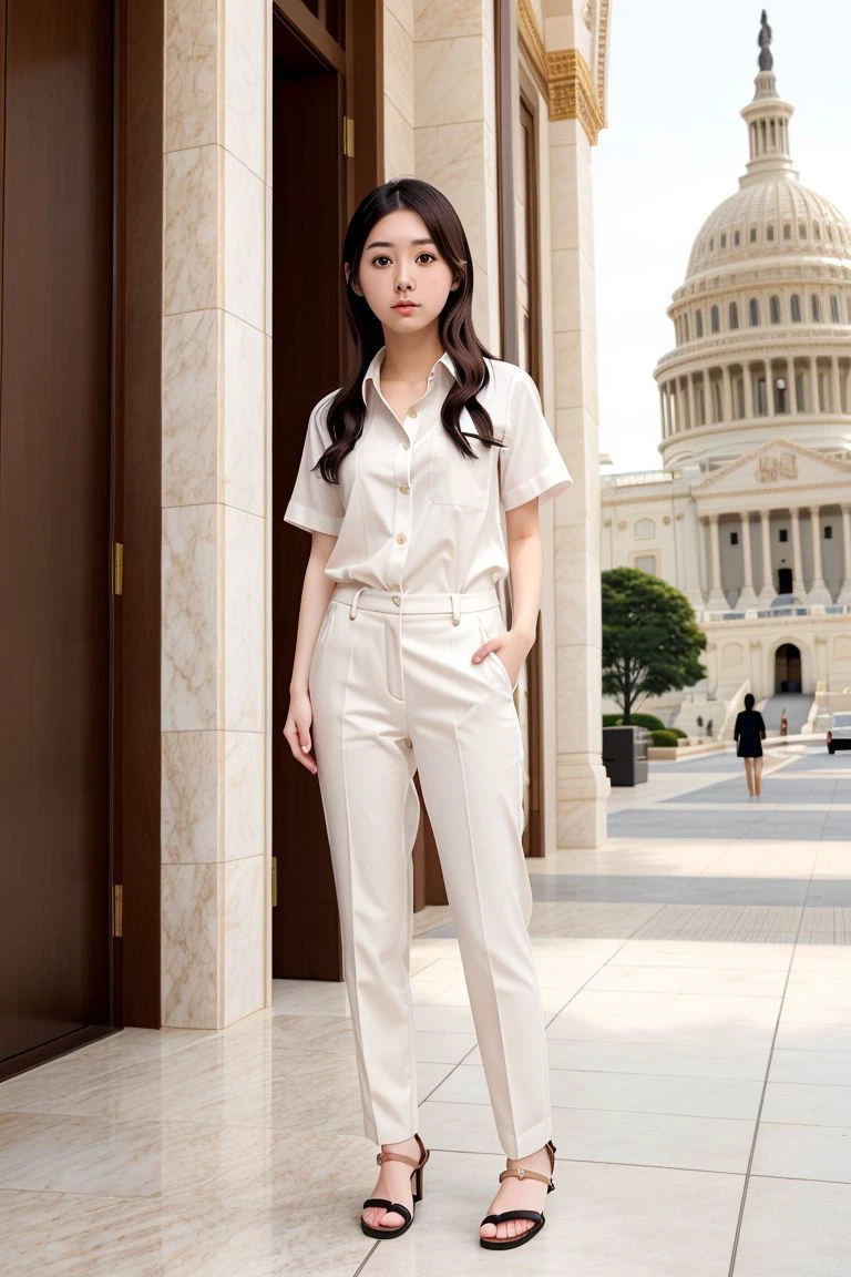 <lora:emi_kurita_obj20:0.5>, full_body, standing, sandals, (shirt), pants, (us capitol), (emi_kurita: 1.3), perfect face, (contact iris: 1.1), pale skin, skin pores , depth of field