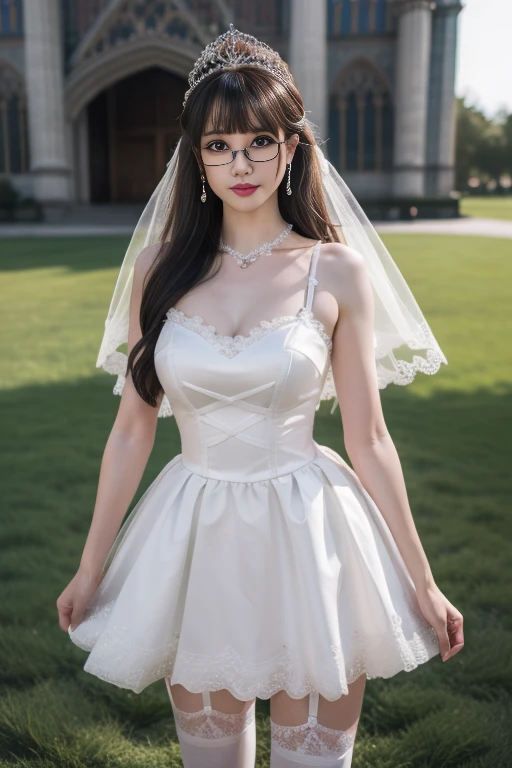 ltra-detailed,highly detailed,best quality,masterpiece,illustration,realistic,
sakuya16, 1girl, solo, 
glasses,veil, tiara, jewelry, wedding dress, lace trim, garter straps, thighhighs, 
bangs, long hair, 
looking at viewer, standing,cowboy shot, 
photo background,outdoors,on grass,cathedral, 
 <lora:sakuya_v1_07:0.6>