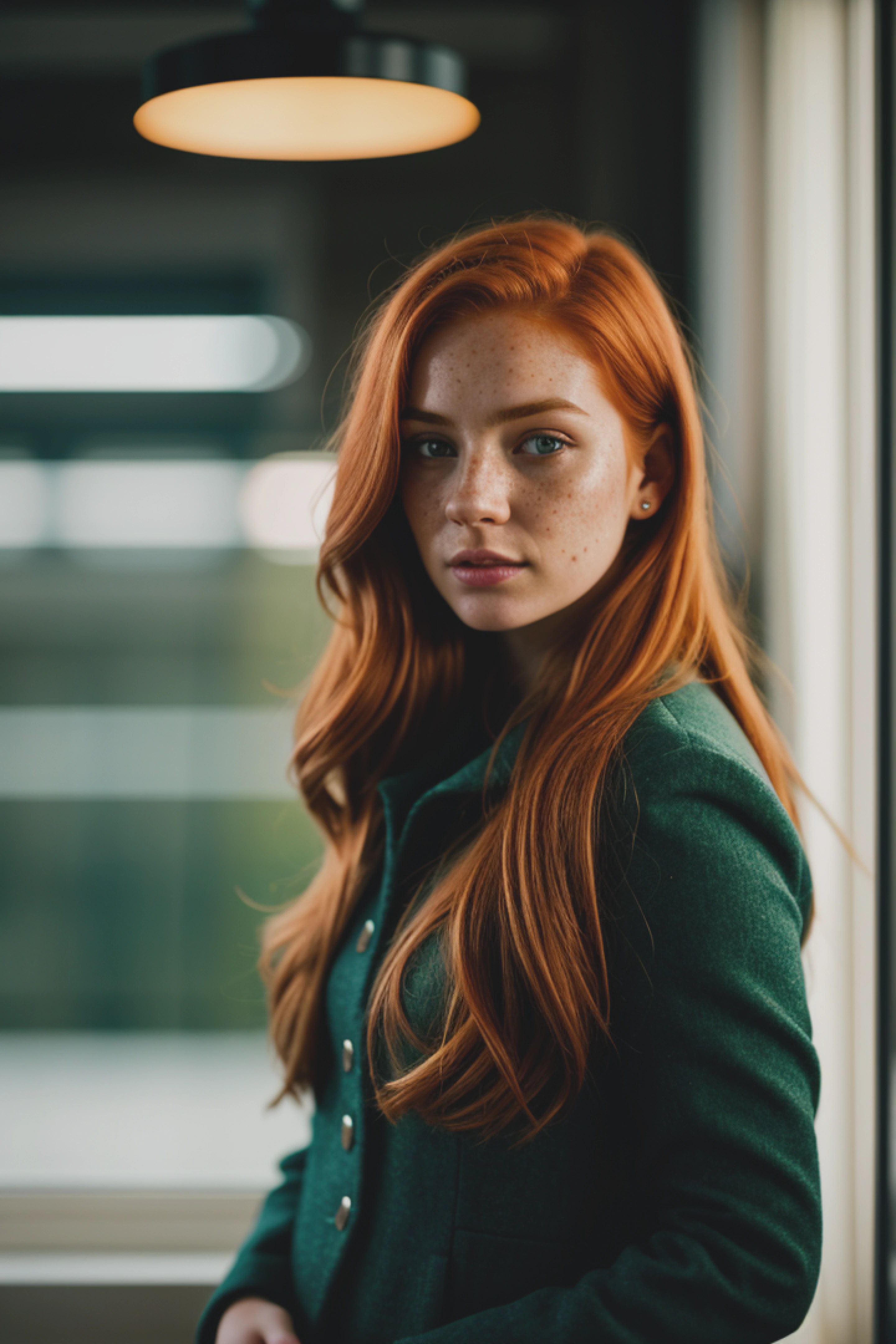 cinematic photo (art by Mathias Goeritz:0.9) , photograph, Lush Girlfriend, Tax collector, Rich ginger hair, Winter, tilt shift, Horror, specular lighting, film grain, Samsung Galaxy, F/5, (cinematic still:1.2), freckles . 35mm photograph, film, bokeh, professional, 4k, highly detailed, detailed eyes, (hydrocolor lens, detailed iris)