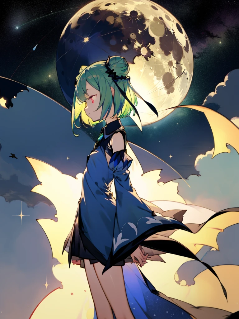 <lora:blvefo9-24:1>standing, from side, looking away, outdoors, night, dark, moon, starry sky, masterpiece, best quality, <lora:hll-5-merged-lora:1>uruha rushia, green hair, short hair, double bun, red eyes, sleeveless dress, blue dress, detached collar, detached sleeves, long sleeves, wide sleeves