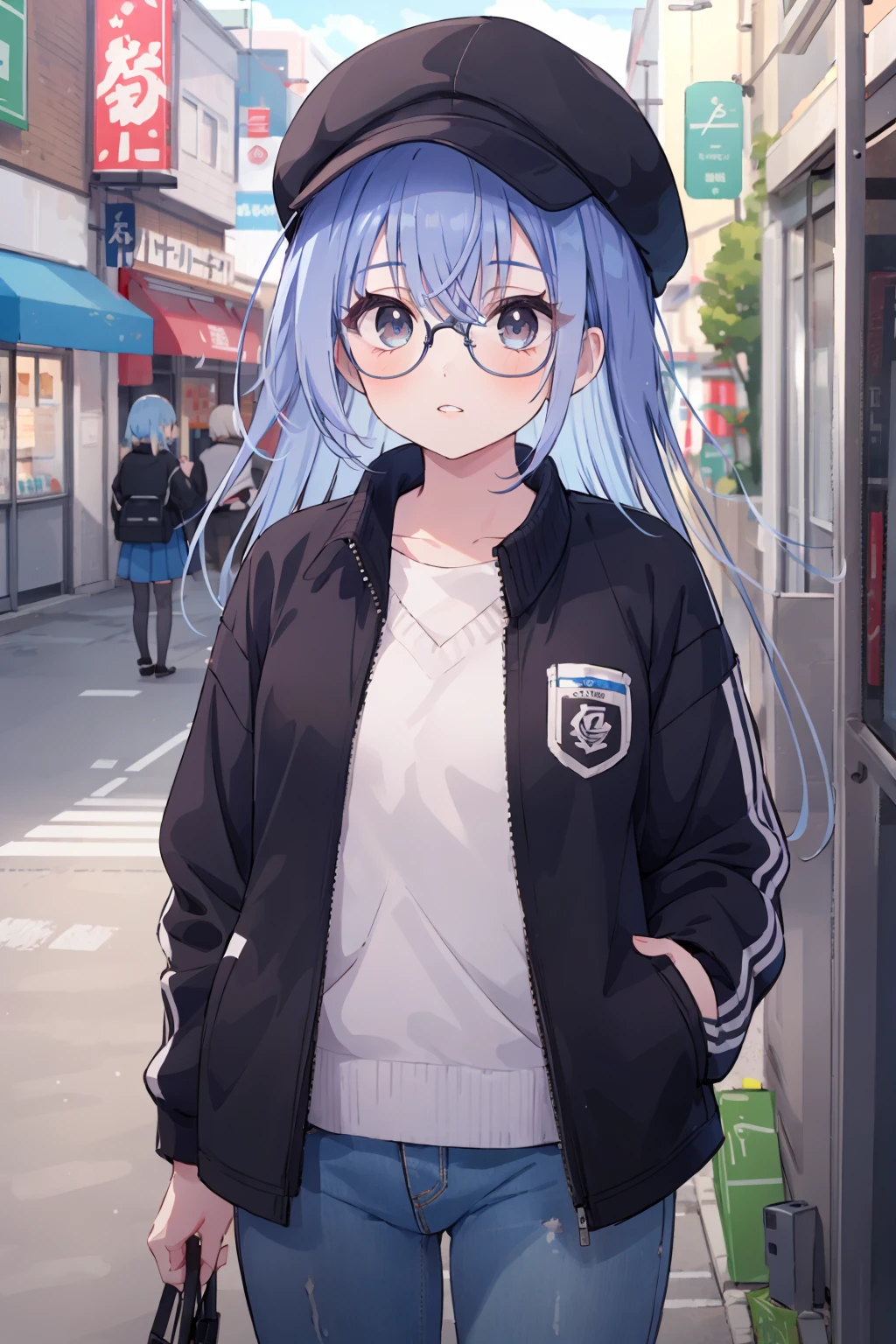 h_suzuki, 1girl, blue hair, virtual youtuber, long hair, convenience store, skirt, looking at viewer, blue eyes, parted lips, bangs, jacket, standing, long sleeves, black jacket , glasses, hat, denim <lora:h_suzuki:1>