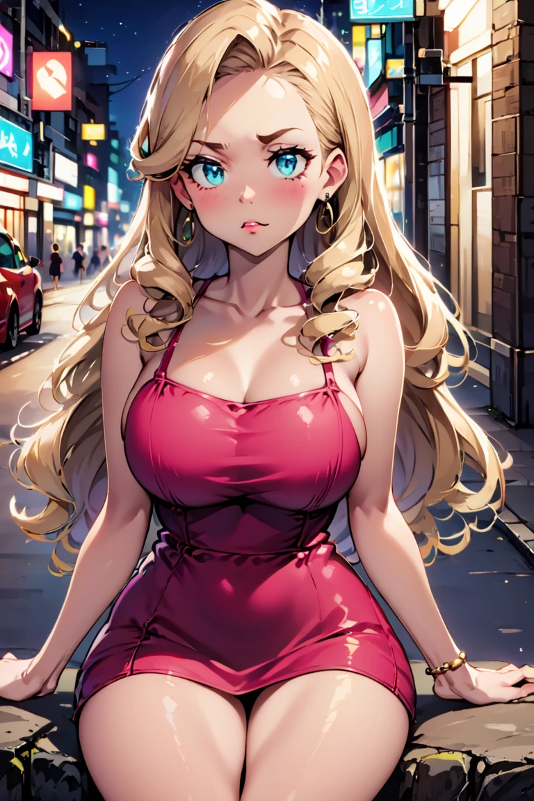 Mature female 1girl, Amber, Lip Pencil Chestnut lipstick, Peanut Brittle Blonde Voluminous magenta curls hairstyle, Pouting facial expression, Light Blue eyes, A vibrant, neon-lit Tokyo street at night, wearing Sundresses, Chanteuse, Average Height, Narrow Hips, Round Face, Tan Skin, Brunette Hair, turquoise Eyes, Narrow Nose, Pouty Lips, Receding Chin, Long Hair, Wavy Hair, Beach Waves, full breasts, Threader earrings, berry matte lipstick<lora:BlackRose_XL_Lora:1> while Reclining on a tree trunk or rock
