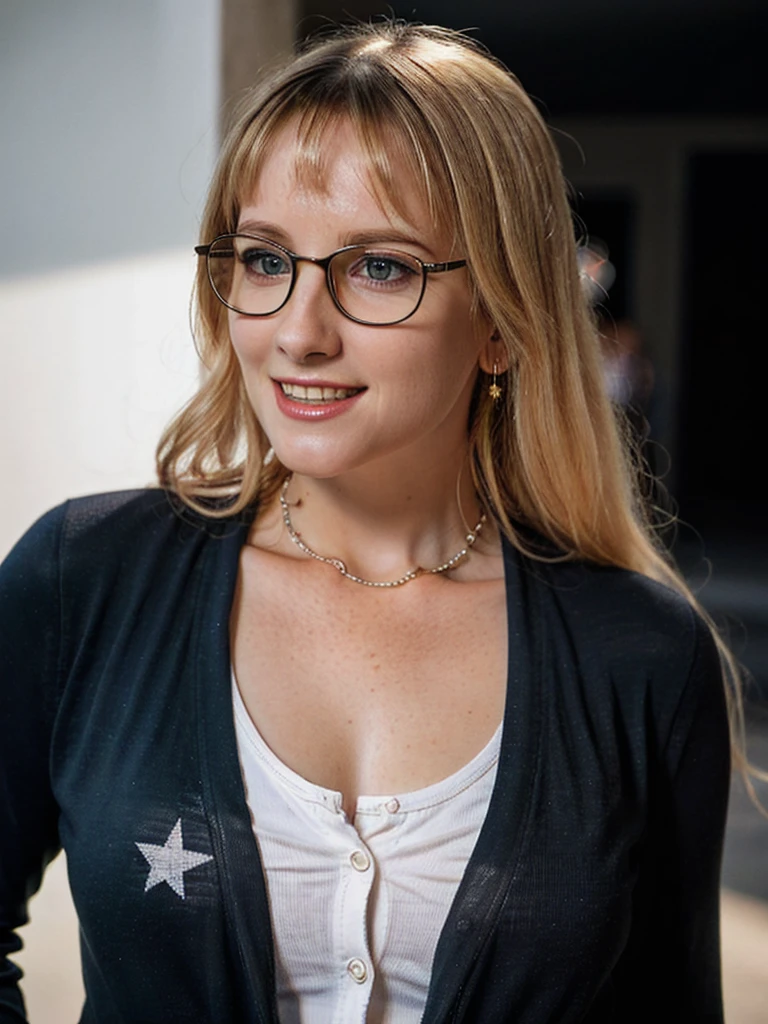 Realistic photo of a beautiful m3l1ss4rs woman,  1girl,solo,long hair,looking at viewer,smile,bangs,blonde hair,simple background,jewelry,upper body,glasses,teeth,necklace,star (symbol),grin,lips,cardigan,black background,realistic,star necklace, soft lighting, professional Photography, Photorealistic, detailed, RAW, analog, sharp focus, 8k, HD, high quality, masterpiece<lora:m3l1ss4r:1.0>