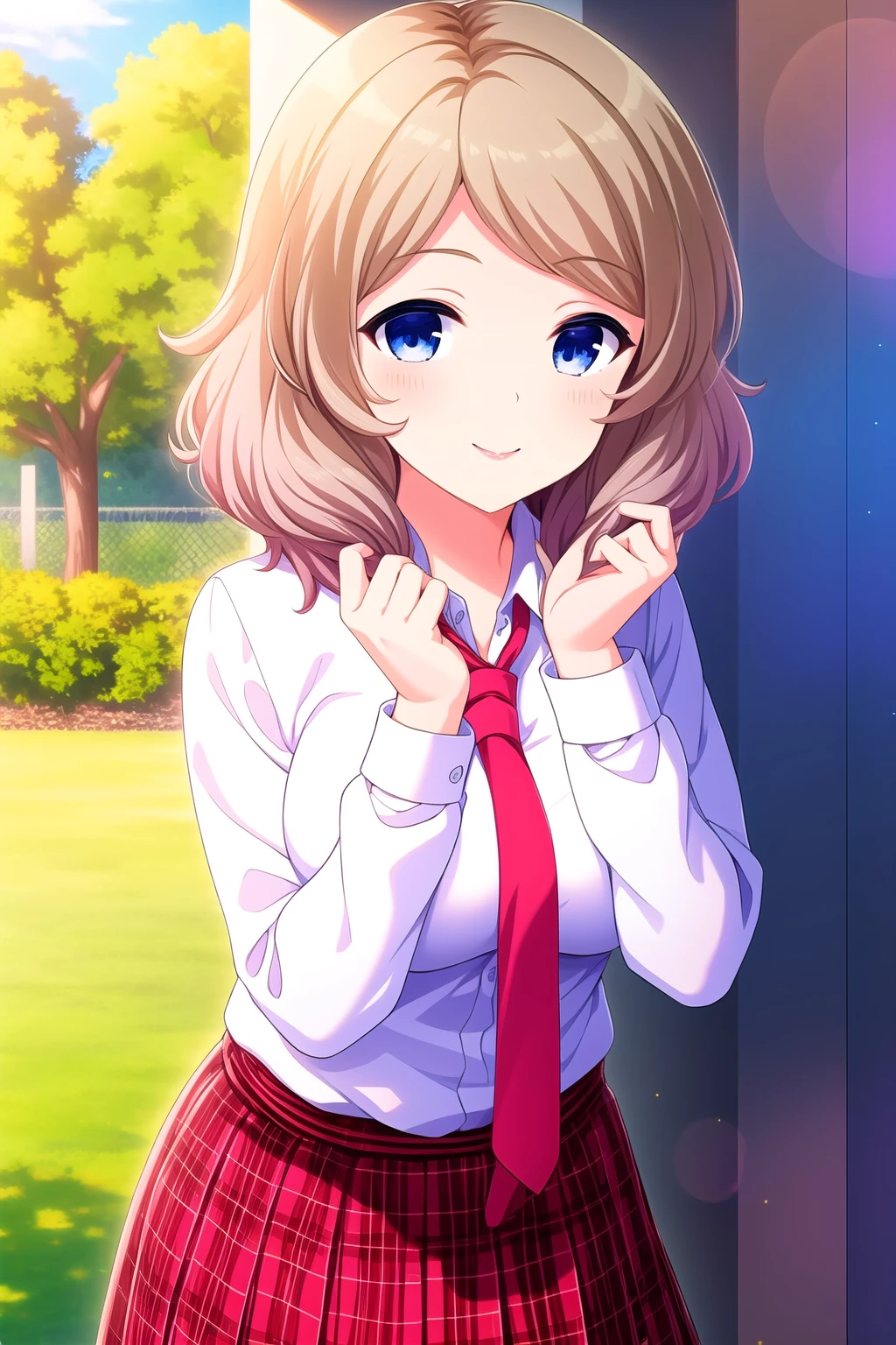 (masterpiece, best quality), highly detailed background, perfect lightingbest quality, yugekaede, solo, outdoors, blonde hair, multicolored hair, brown hair, short hair, blue eyes, breasts, red necktie, white shirt, <lora:GoodHands-vanilla:1>, red skirt, plaid skirt, school uniform, smile, closed mouth, pink lips, <lora:Yuge-Kaede:0.7>