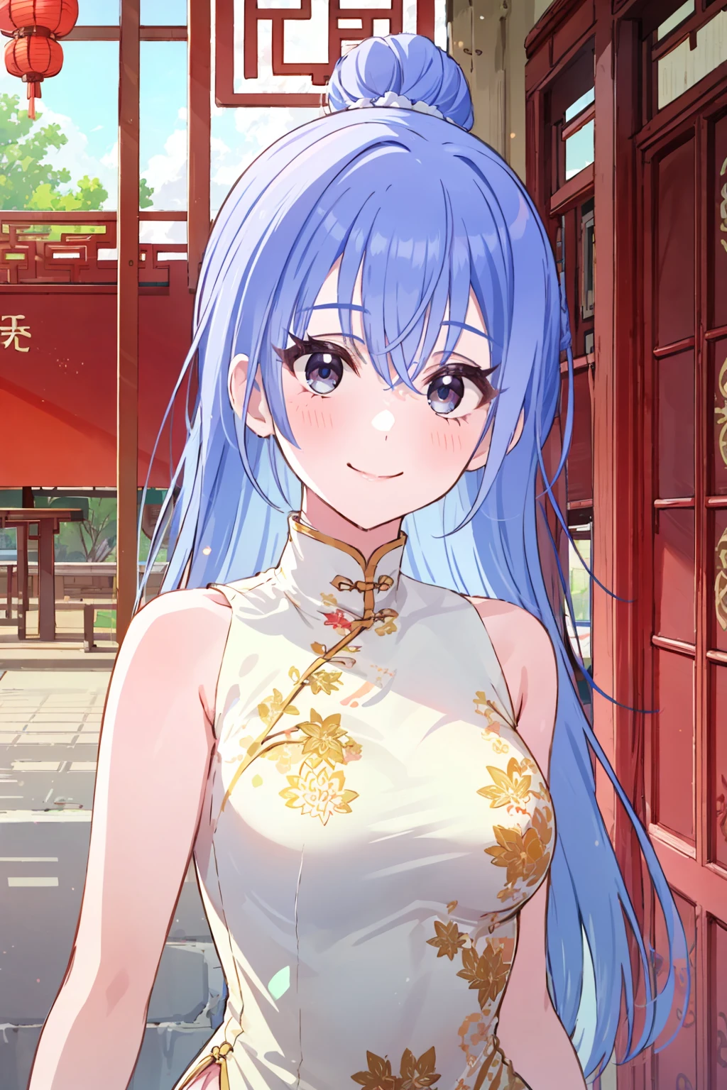 h_suzuki, 1girl, blue hair, smile, long hair, looking at viewer, indoor, closed mouth, bangs, blush, cowboy shot, chinese clothes, china dress, bare shoulders, hair bun
<lora:h_suzuki:1>