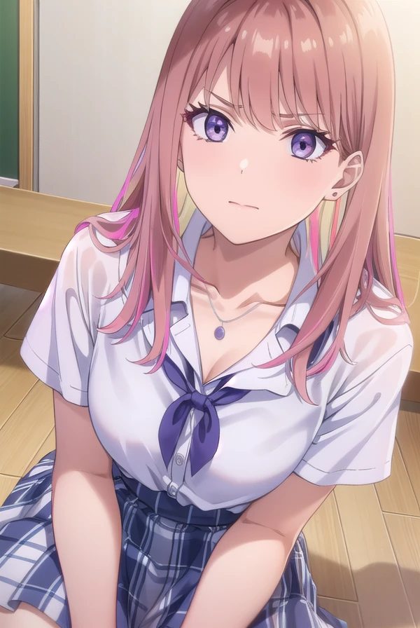 nikoruyamana, <lora:nikoru yamana s1-lora-nochekaiser:0.8>,
nikoru yamana, long hair, bangs, (purple eyes:1.1), pink hair, multicolored hair, two-tone hair, streaked hair, makeup,
BREAK skirt, shirt, jewelry, school uniform, collarbone, white shirt, short sleeves, pleated skirt, earrings, necklace, blue skirt, streaked hair, plaid, plaid skirt,
BREAK indoors, classroom,
BREAK looking at viewer, (cowboy shot:1.5),
BREAK <lyco:GoodHands-beta2:1>, (masterpiece:1.2), best quality, high resolution, unity 8k wallpaper, (illustration:0.8), (beautiful detailed eyes:1.6), extremely detailed face, perfect lighting, extremely detailed CG, (perfect hands, perfect anatomy),