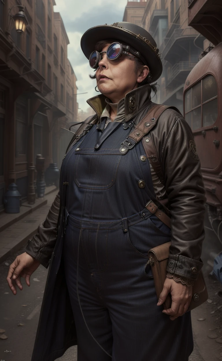 <lora:Democlesiste-10:0.8> Democlesiste, a 60-year-old small chubby woman wearing blue overalls and coat, googles and  (wearing huge tesla canon:1.1) with a "gavroche" hat, (masterpiece:1.3), (best quality:1.3), beautiful, (intricate details), unity 8k wallpaper, ultra detailed, beautiful, aesthetic, perfect lighting