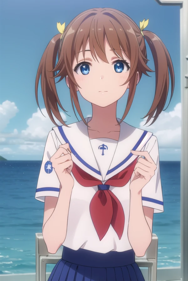 akenomisaki, <lora:akeno misaki s1-lora-nochekaiser:1>,
akeno misaki, ribbon, short hair, blue eyes, brown hair, twintails, hair ribbon, smile,
BREAK skirt, school uniform, short sleeves, pleated skirt, serafuku, socks, blue skirt, neckerchief, red neckerchief, white sailor collar,
BREAK outdoors, ocean, boat, navy,
BREAK looking at viewer, (cowboy shot:1.5),
BREAK <lyco:GoodHands-beta2:1>, (masterpiece:1.2), best quality, high resolution, unity 8k wallpaper, (illustration:0.8), (beautiful detailed eyes:1.6), extremely detailed face, perfect lighting, extremely detailed CG, (perfect hands, perfect anatomy),