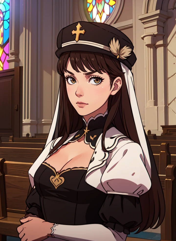 (masterpiece, best quality),(depth) of (field), <lora:VictoriaNPC:0.8> cold_expression, 1girl, black_clothes, dress, brown_hair, cleavage, ornaments, puffy_sleeves,veil, church, hat, dandelions scattered in the air, wind, breeze, looking_at_viewer, indoors, <lora:FE16-Style LoCon v2:0.5>, adult