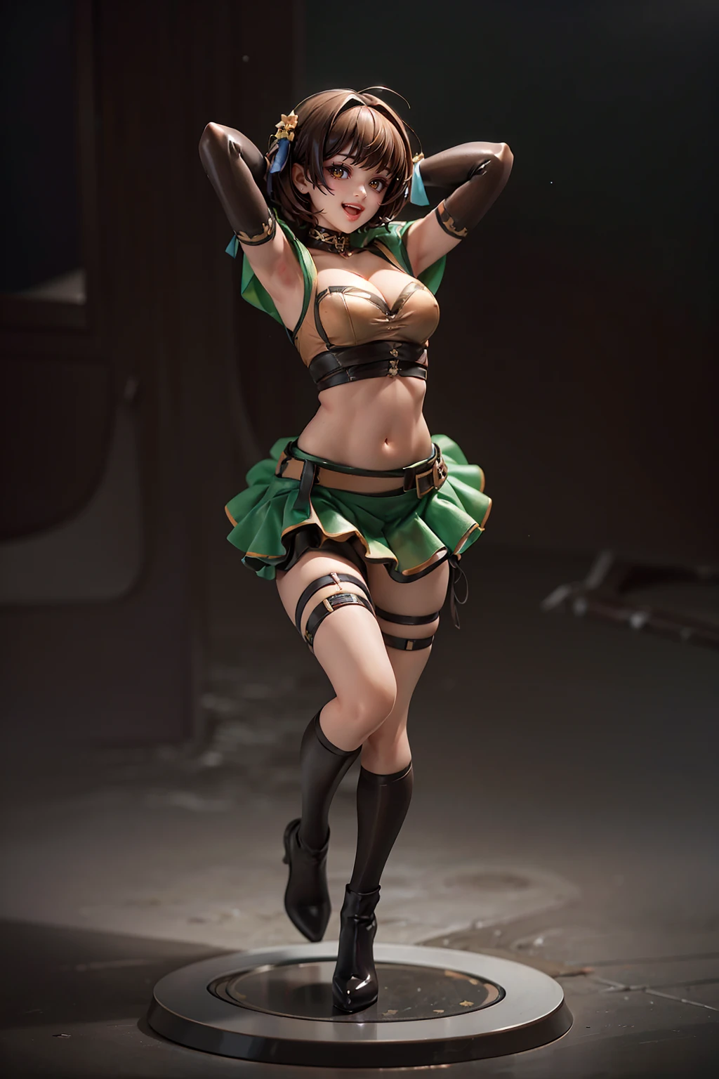 <lora:è¡£ææåç»é£:0.5>,masterpiece,best quality,ultra detailed,high quality,illustration,simple_background,black_background,perfect anatomy,
(full body:1.5),standing,looking at viewer,
sunsx,green long upper shan,navel,gloves,short hair,breasts,brown hair,skirt,midriff,open mouth,brown eyes,smile,choker,elbow gloves,boots,(arm_behind_head:1.5),