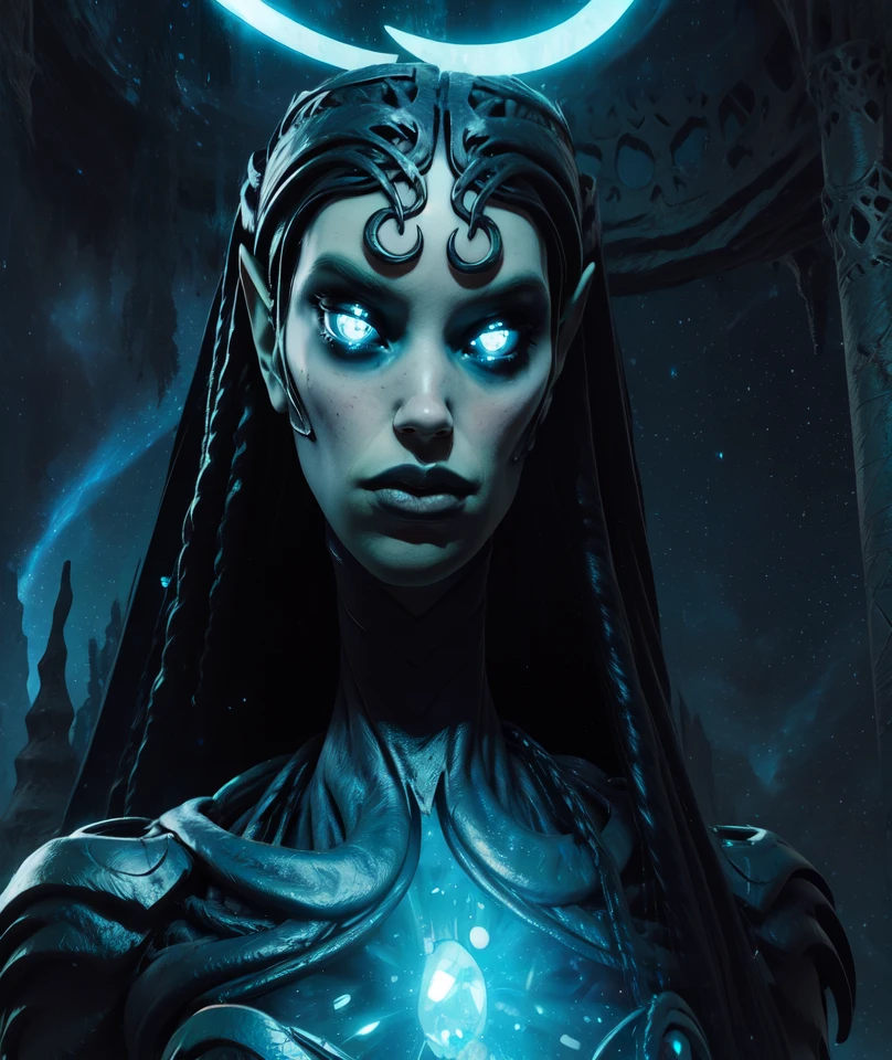 nimnue,green skin,crescent halo,pointy hair,black hair,long hair,glowing blue eyes, big lips,gem between collarbone,
upper body,bracelets,from below,
cave,starry sky,
(insanely detailed, beautiful detailed face, masterpiece, best quality),solo,<lora:nimnue-10R2:0.8>,