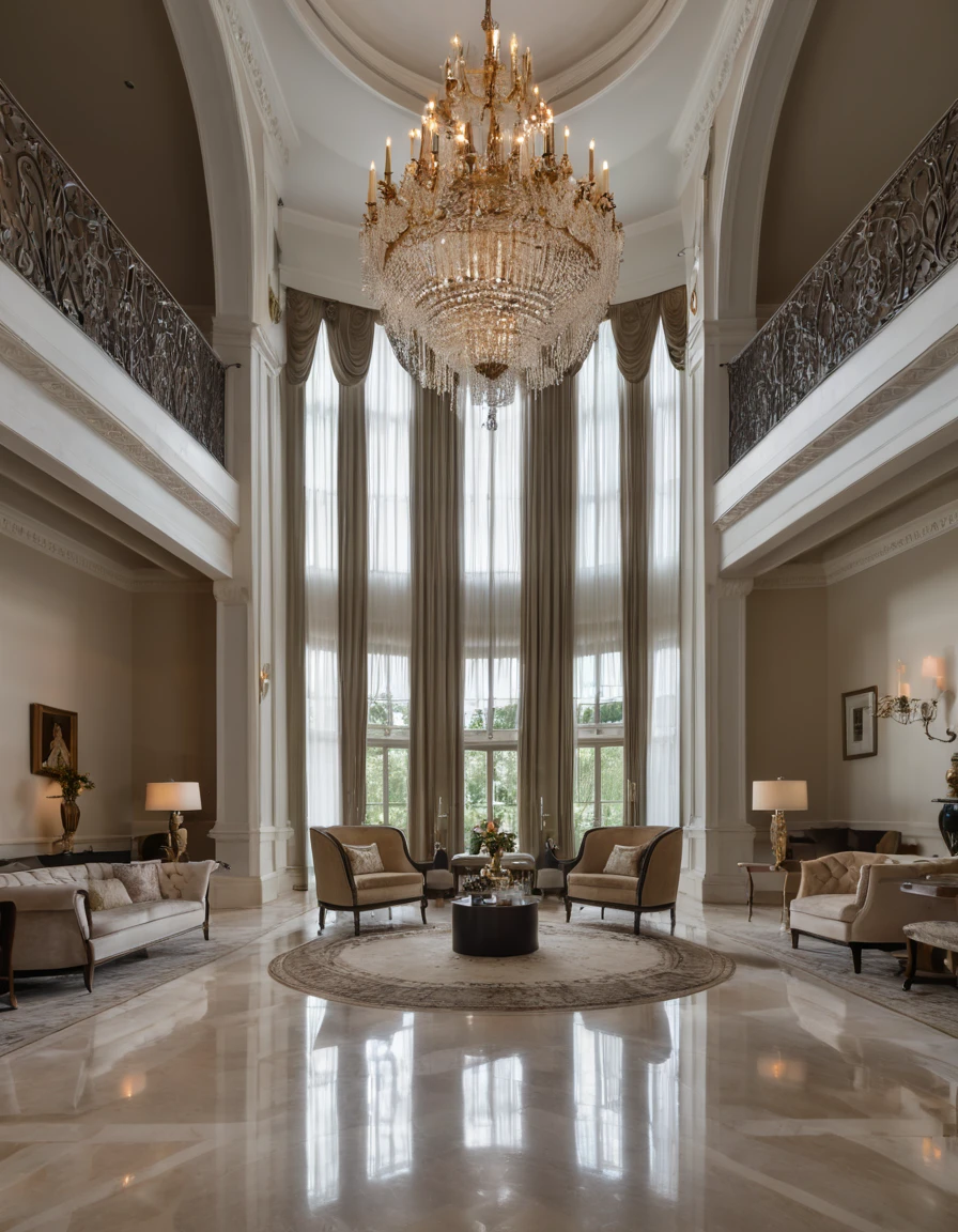 A photo capturing the essence of opulence in a (billionaire's sanctuary:1.3), (vaulted ceilings:1.1), (crystalline chandeliers:1.2), reflecting off (polished marble floors:1.1), (velvet drapes:1.1), framing panoramic views, curated (modern art pieces:1.2), (designer furniture:1.1), meticulously placed, ambient (golden lighting:1.1), (spatial luxury:1.1), grandeur meets comfort, architectural digest-worthy, Nikon D850, 1/250s, f/2.8, ISO 100, captured in natural daylight, high dynamic range, RAW format, wide-angle perspective,
