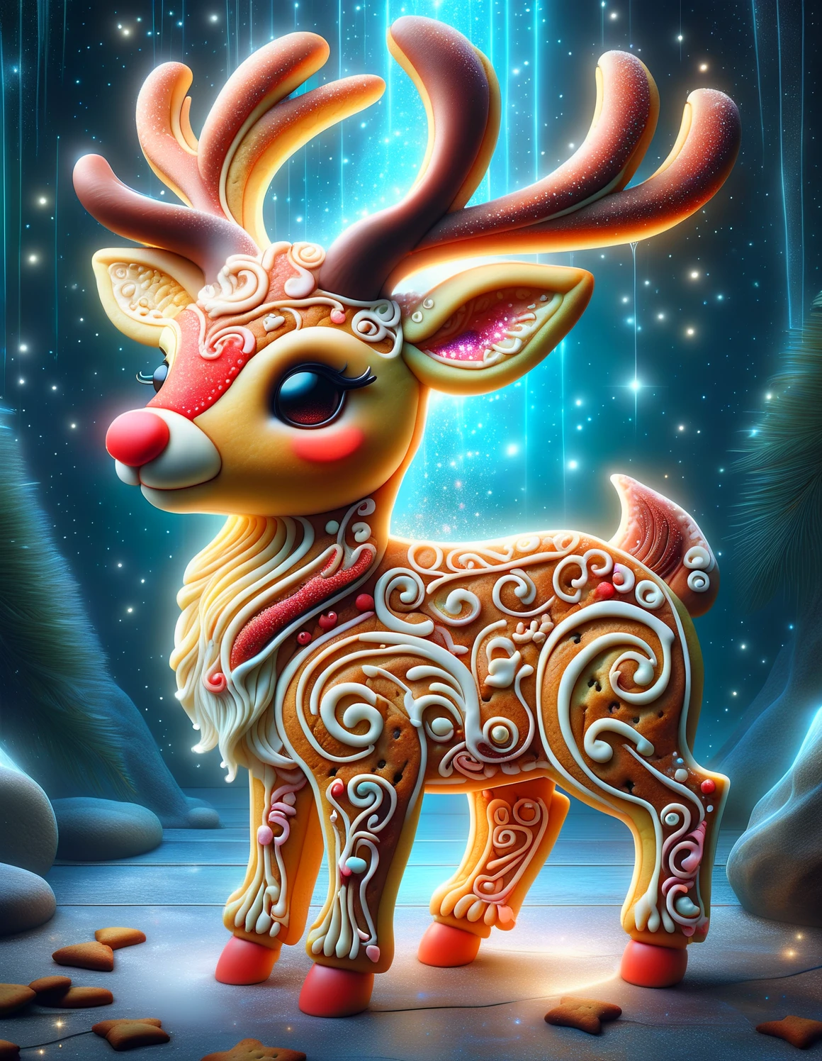 <lora:SDXLSugarCookie:1> sugarcookiestyle, Highly detailed Dynamic shot of majestic adorable baby reindeer, high quality, beautiful masterpiece, fantasy creature, kawaii, digital art, glowing sparkles, red glowing nose