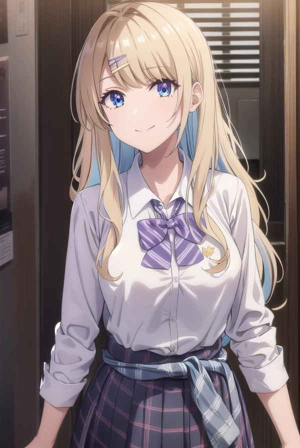 lunashirakawa, <lora:luna shirakawa s1-lora-nochekaiser:0.8>,
luna shirakawa, long hair, blue eyes, blonde hair, hair ornament, bow, multicolored hair, hairclip, smile,
BREAK skirt, shirt, thighhighs, bow, school uniform, white shirt, pleated skirt, shoes, black thighhighs, bowtie, blue skirt, plaid, plaid skirt, loafers, purple bow, clothes around waist, gyaru, purple bowtie,
BREAK looking at viewer,
BREAK indoors, classroom, (cowboy shot:1.5),
BREAK <lyco:GoodHands-beta2:1>, (masterpiece:1.2), best quality, high resolution, unity 8k wallpaper, (illustration:0.8), (beautiful detailed eyes:1.6), extremely detailed face, perfect lighting, extremely detailed CG, (perfect hands, perfect anatomy),