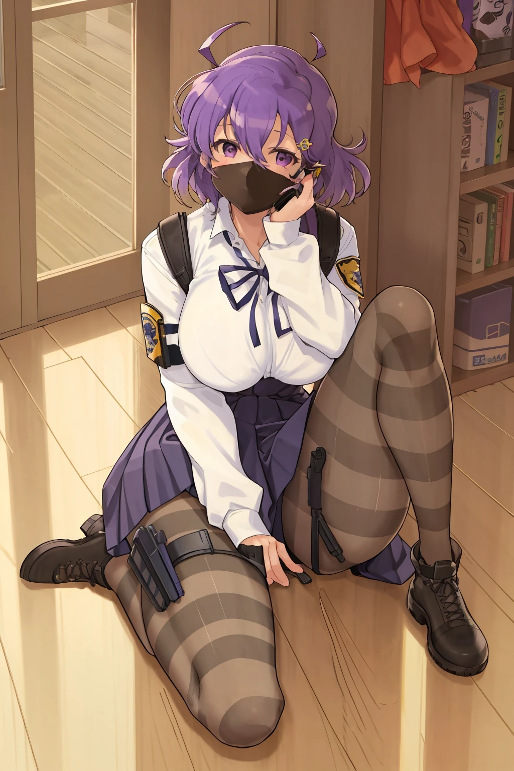 masterpiece, best quality,1girl, solo, breasts, skirt, purple hair, purple eyes, mouth mask, pantyhose, mask, short hair, school uniform, large breasts, striped, emblem, holster, ahoge, blue skirt, hands on own face, pleated skirt, shirt, thigh holster <lora:kuroudo_senran kagura-000012:1>