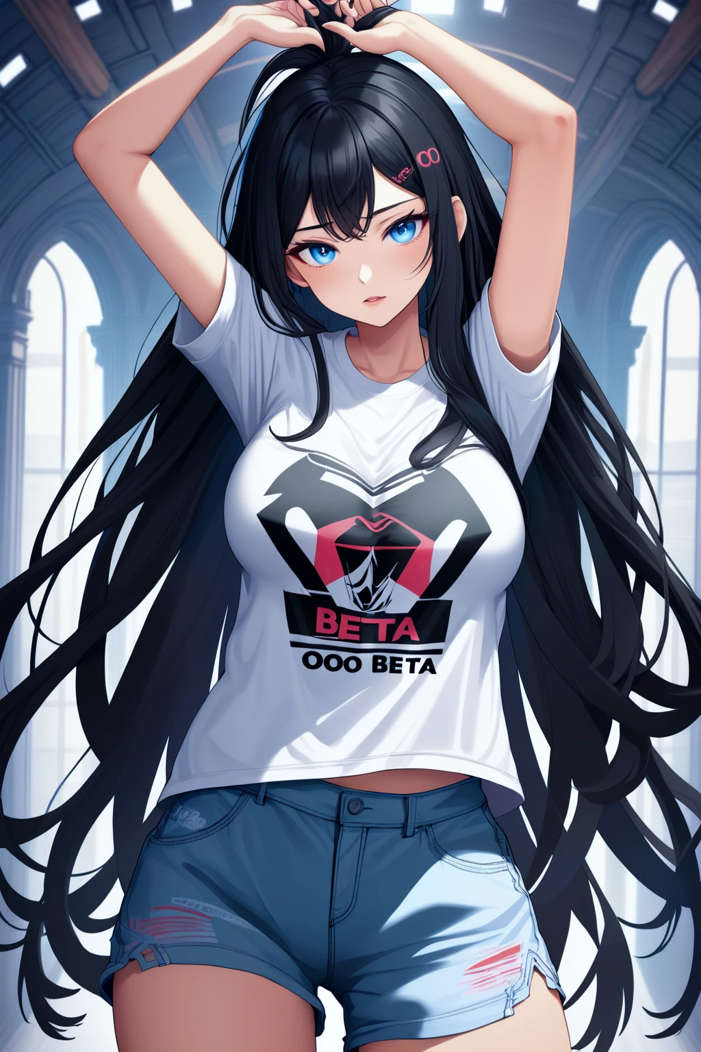 best quality, high quality, highres, absurdres, solo,game CG,
1girl,large breasts,
black hair, long hair,,,beautiful detailed eyes, specular highlight eyes
1girl,t-shirt, print "OOO_beta",print "
In a setting with depth,
BREAK
a girl is wearing a T-shirt with 'OOO_beta' written on it, suggesting it holds a special meaning,
BREAK
the background complementing her personality and hinting at a part of her story.