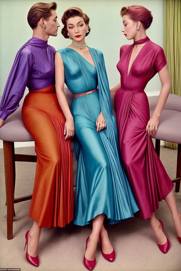 candid color photo of a woman wearing a dress by Madame Gres is sitting in a chair surrounded by male suitors wearing suits <lora:gres_1950s_v1:1> <lora:add_detail:0.8> big breasts, fit body