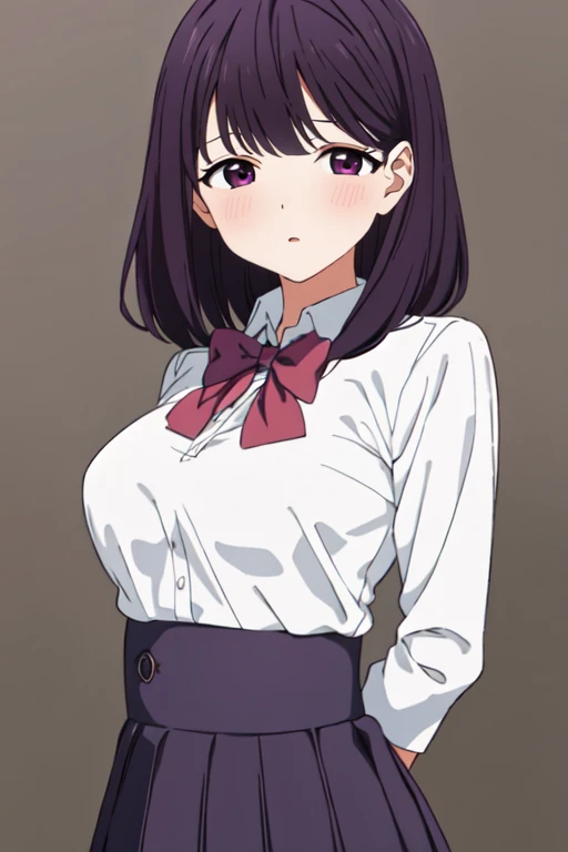 masterpiece, highres, 1girl,  <lora:RionaShijoR4:0.7>, RionaShijoR4, school uniform, simple background, upper body,   medium breasts, medium hair, purple eyes ,