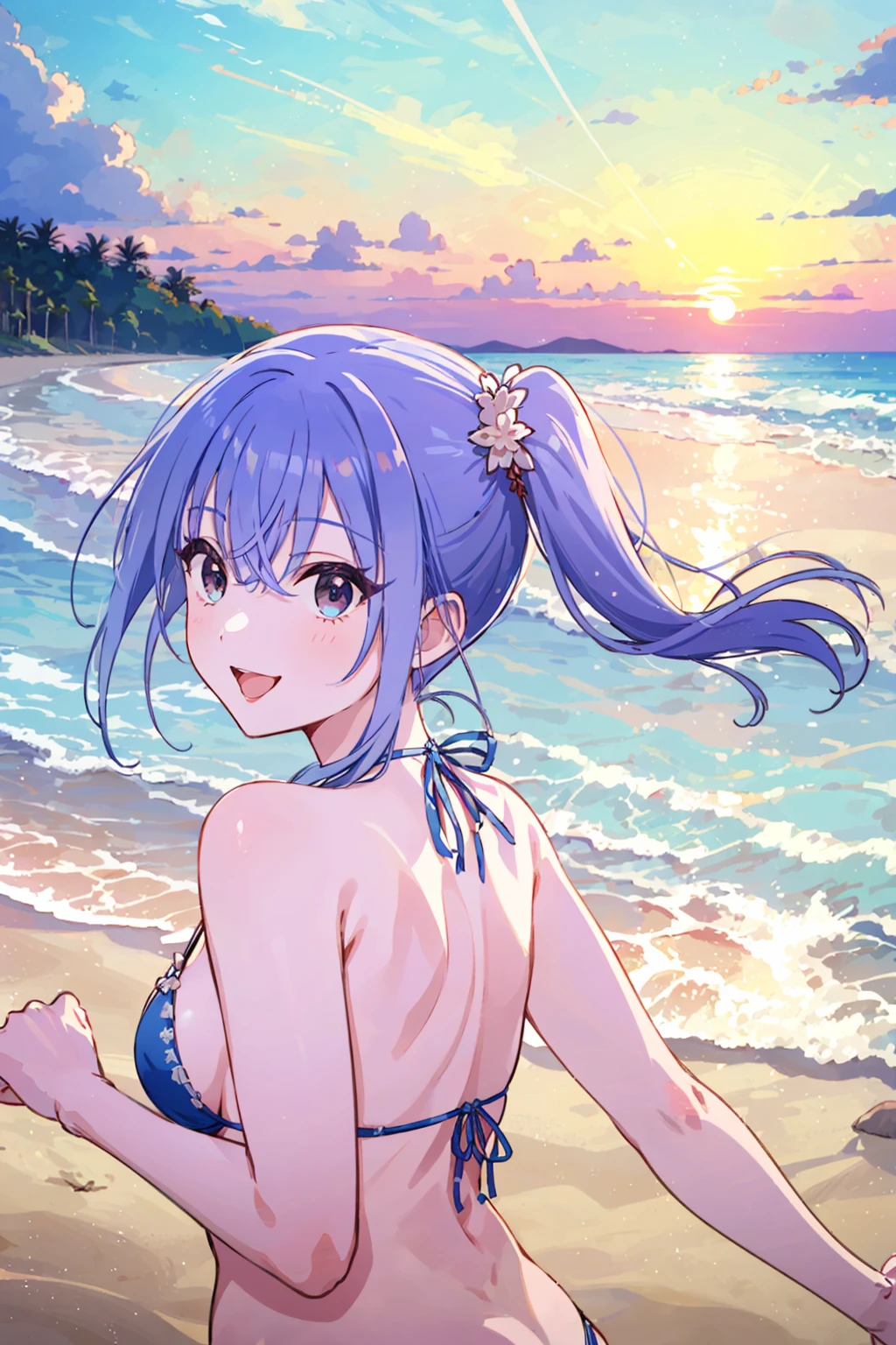 h_suzuki, 1girl, blue hair, windy, floating hair, (seductive smile:1.2), from behind, long hair, side ponytail, sunset, sky, beach, looking at viewer, open mouth, bangs, upper body, bikini, hair ornament, medium breast
<lora:h_suzuki:1>