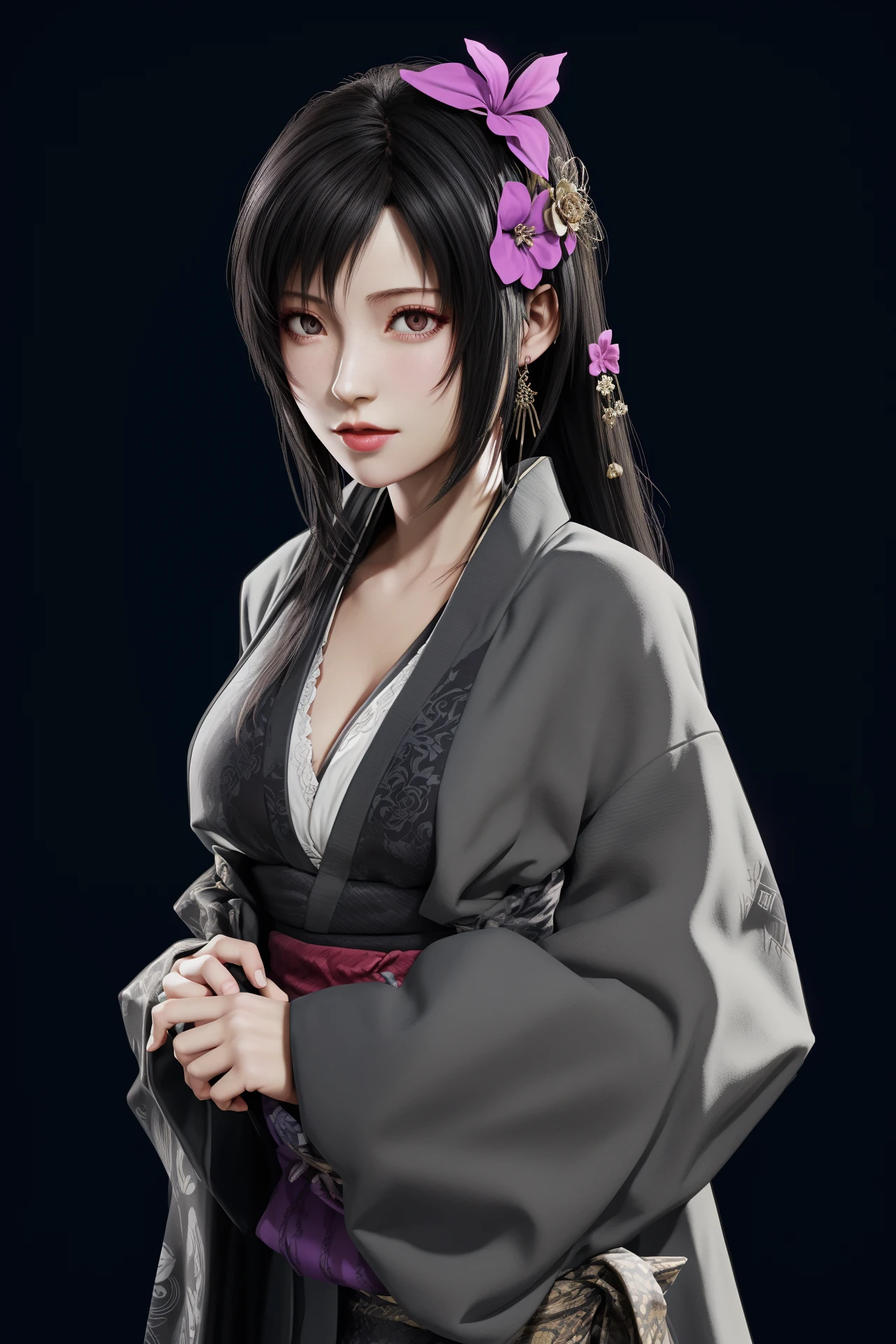 1girl,hair ornament,grey_kimono,tifa lockhart,<lora:å¥½åç±³-tifa-v3:0.6>,