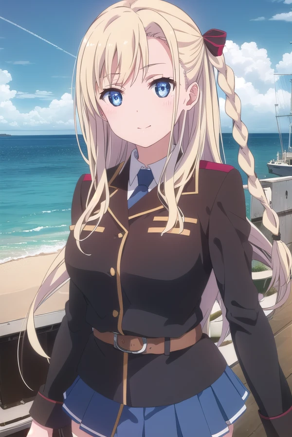 mashiromwilhelminabraunschweigingenohlfriedeburgnetani, <lora:wilhelmina braunschweig ingenohl friedeburg s1-lora-nochekaiser:1>,
wilhelmina braunschweig ingenohl friedeburg, long hair, blue eyes, blonde hair, braid, hair braid, single braid, ribbon, hair ribbon, smile,
BREAK skirt, thighhighs, striped, belt, uniform, zettai ryouiki, military, military uniform, striped thighhighs,
BREAK outdoors, ocean, boat, navy,
BREAK looking at viewer, (cowboy shot:1.5),
BREAK <lyco:GoodHands-beta2:1>, (masterpiece:1.2), best quality, high resolution, unity 8k wallpaper, (illustration:0.8), (beautiful detailed eyes:1.6), extremely detailed face, perfect lighting, extremely detailed CG, (perfect hands, perfect anatomy),