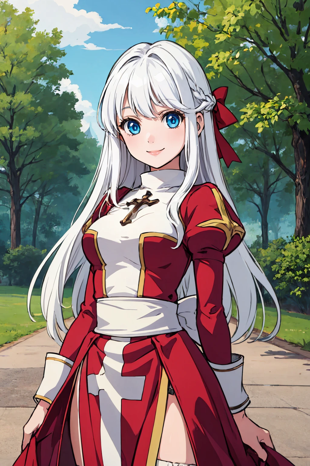 (masterpiece, best quality:1.2), solo, 1girl, smile, looking at viewer, long hair, white hair, blue eyes, ragnarokhighpr, cross, bow <lora:attire_ro_highpriest-10:1>