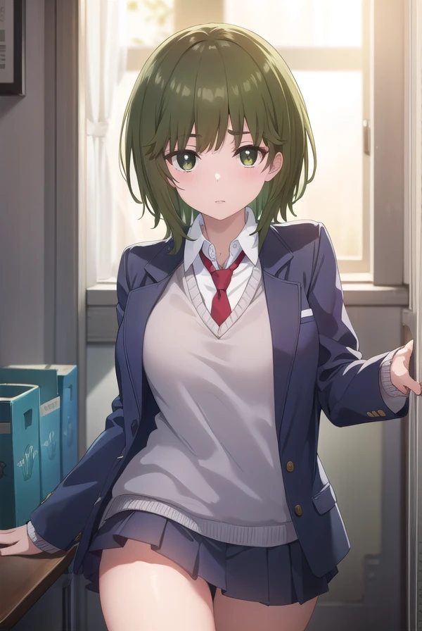 isanahigashira, <lora:isana higashira s1-lora-nochekaiser:1>,
isana higashira, short hair, bangs, (green eyes:1.3), green hair,
BREAK shirt, long sleeves, school uniform, jacket, white shirt, open clothes, necktie, sweater, open jacket, blazer, red necktie, grey sweater,
BREAK indoors, classroom,
BREAK looking at viewer, (cowboy shot:1.5),
BREAK <lyco:GoodHands-beta2:1>, (masterpiece:1.2), best quality, high resolution, unity 8k wallpaper, (illustration:0.8), (beautiful detailed eyes:1.6), extremely detailed face, perfect lighting, extremely detailed CG, (perfect hands, perfect anatomy),