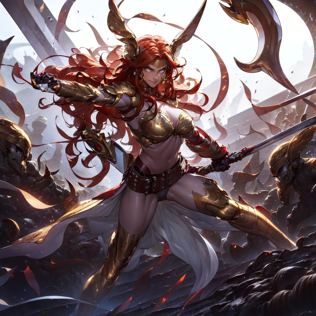 detailed, masterpiece,HDR, detailed sharp, good best quality, highres,
1girl, solo,
large breasts,
comic style, lineart,
nature,dynamic pose,
outdoors, nature,tree, debris,
Victory, Red hair, green eyes, spiked hair, messy hair, pointy ears, dark skin,
armlet, armor, bikini armor, boots, bracelet, detached sleeves, fingerless gloves, hoop earrings,jewelry, neck ring, thighhighs,
holding, sword, <lora:Victory_v03A-000003:0.80>