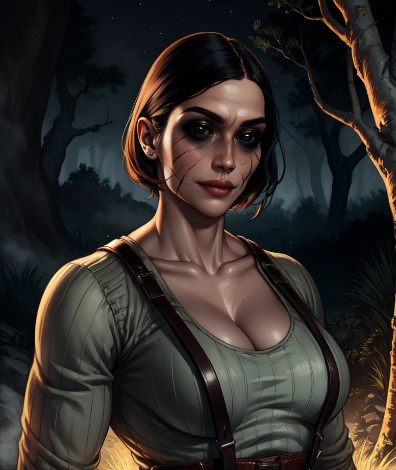 tHuntress,black eyes,lips,short hair,
suspenders,shirt,cleavage,smile,black sclera,looking at viewer,
standing,upper body,muscular,
woods,nighttime,dry trees,
(insanely detailed, beautiful detailed face, masterpiece, best quality)solo,<lora:TheHuntress-10DBDv8:0.8>,