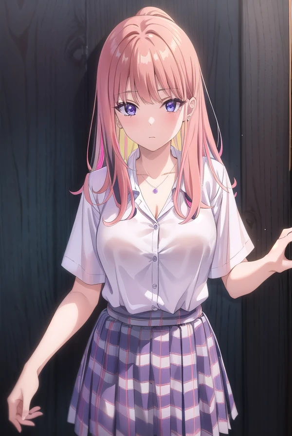 nikoruyamana, <lora:nikoru yamana s1-lora-nochekaiser:0.8>,
nikoru yamana, long hair, bangs, (purple eyes:1.1), pink hair, multicolored hair, two-tone hair, streaked hair, makeup,
BREAK skirt, shirt, jewelry, school uniform, collarbone, white shirt, short sleeves, pleated skirt, earrings, necklace, blue skirt, streaked hair, plaid, plaid skirt,
BREAK indoors, classroom,
BREAK looking at viewer, (cowboy shot:1.5),
BREAK <lyco:GoodHands-beta2:1>, (masterpiece:1.2), best quality, high resolution, unity 8k wallpaper, (illustration:0.8), (beautiful detailed eyes:1.6), extremely detailed face, perfect lighting, extremely detailed CG, (perfect hands, perfect anatomy),