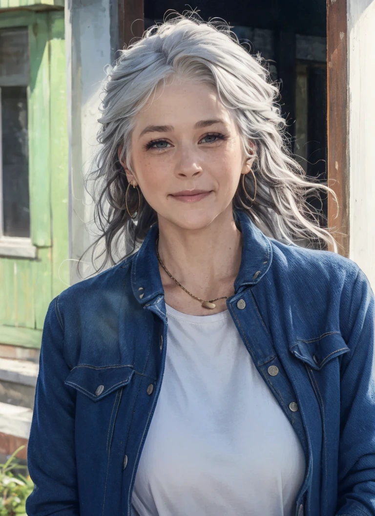 portrait of a woman in denim jacket and white tee, in the doorway, long hair, smile, bold, bright colours, (high detailed skin:1.1)
<lora:melissa_mcbride_lora_v01:1> melmc