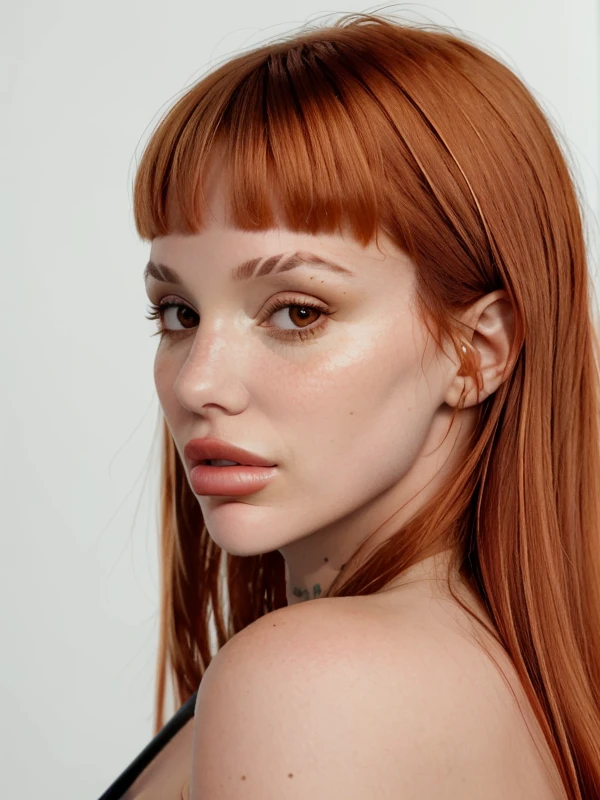 gquality, <lora:joaqui-10:1> joaqui, 1girl, solo, looking at viewer, bangs, simple background, bare shoulders, parted lips, blunt bangs, orange hair, black eyes, portrait, realistic, from side