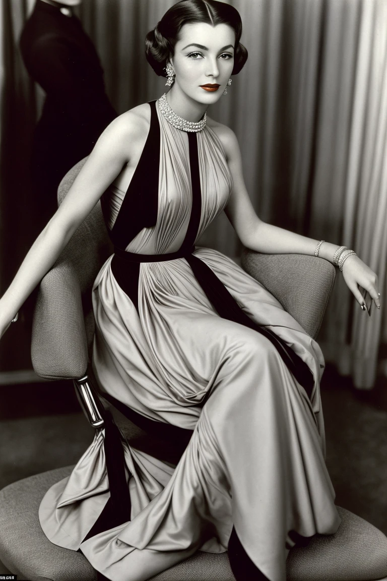 candid color photo of a woman wearing a dress by Madame Gres is sitting in a chair surrounded by male suitors <lora:gres_1950s_v1:0.8> <lora:add_detail:0.8>