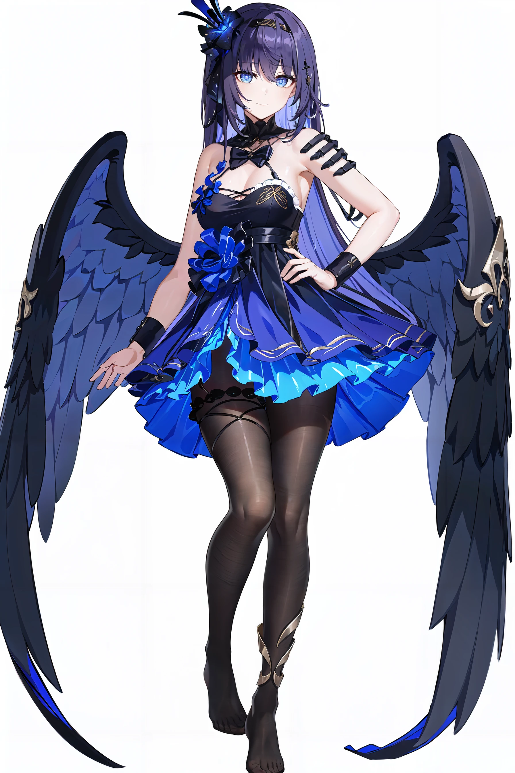 8k, best quality, masterpiece, (ultra-detailed:1.1), (high detailed skin),
(full body:1.3), white background, standing, hand on hip, looking at viewer,
<lora:yongye-v100-000027:0.8:lbw=OUTALL>, yongye, 1girl, dress, pantyhose, blue eyes, long hair, low wings, dark angel,
(white background, simple background,:1.2),
(beautiful_face), ((intricate_detail)), clear face,
((finely_detailed)), fine_fabric_emphasis,
((glossy)), full_shot