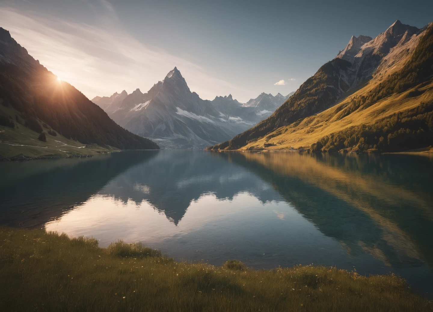 stunning sunset vista landscape photography, masterpiece, lake in the swiss alps, trending on cgsociety, 4k, 8k, hd, [artstation:1], concept art, highly detailed, sharp focus, [subsurface scattering:1]
