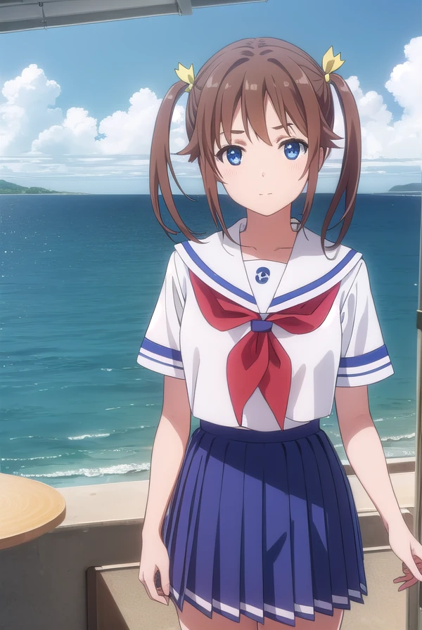 akenomisaki, <lora:akeno misaki s1-lora-nochekaiser:1>,
akeno misaki, ribbon, short hair, blue eyes, brown hair, twintails, hair ribbon, smile,
BREAK skirt, school uniform, short sleeves, pleated skirt, serafuku, socks, blue skirt, neckerchief, red neckerchief, white sailor collar,
BREAK outdoors, ocean, boat, navy,
BREAK looking at viewer, (cowboy shot:1.5),
BREAK <lyco:GoodHands-beta2:1>, (masterpiece:1.2), best quality, high resolution, unity 8k wallpaper, (illustration:0.8), (beautiful detailed eyes:1.6), extremely detailed face, perfect lighting, extremely detailed CG, (perfect hands, perfect anatomy),