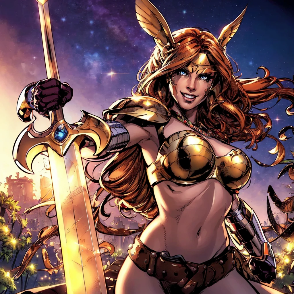 ((a woman in a park)) <lora:AngelaLoRA:0.9> woman, golden axe and sword, sword, golden sword,beautiful eyes, beautiful girl, high detail skin, high detail eyes, high detail hair, highres, ultra detailed, horny smile, Highly detailed,masterpiece, best quality,