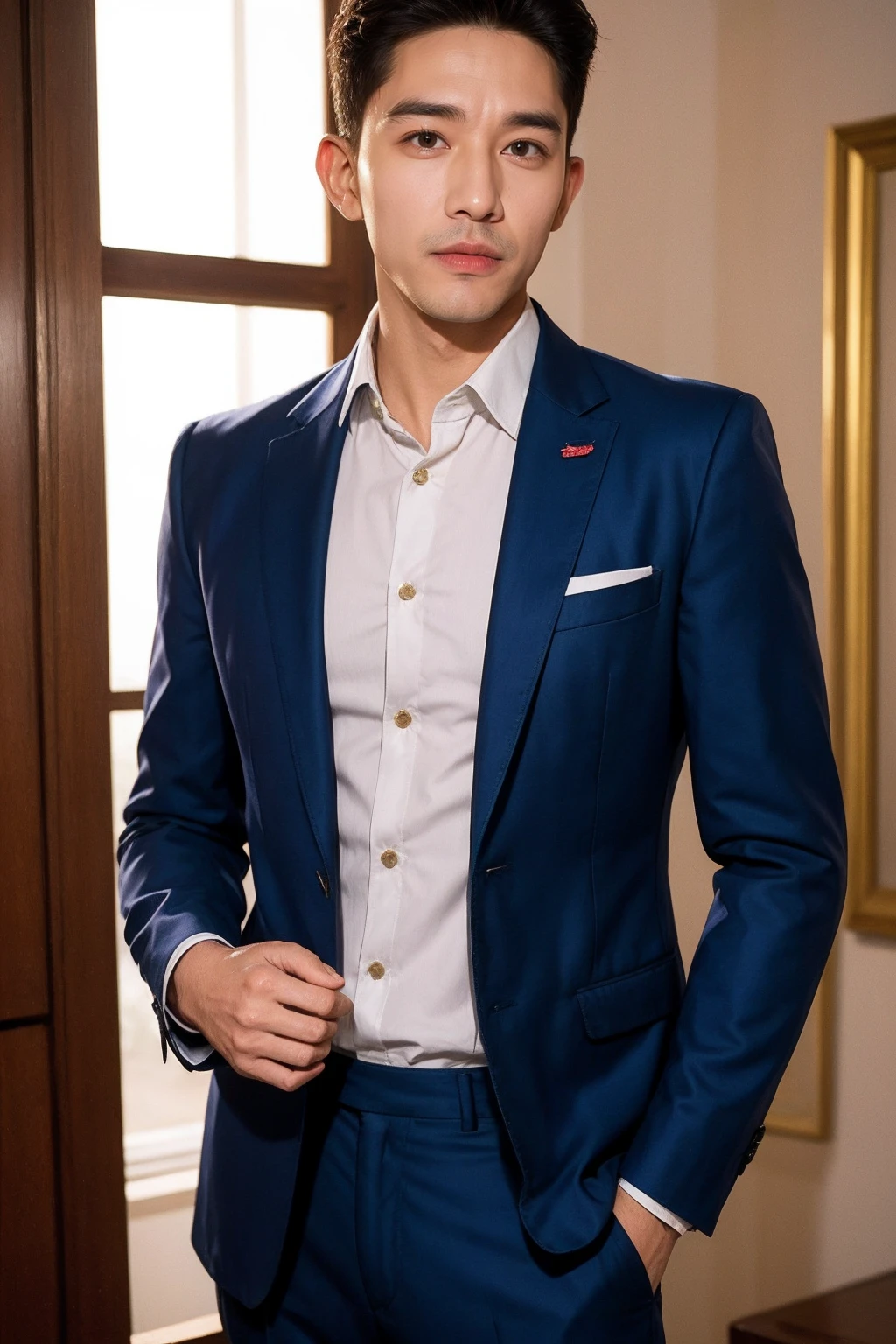 (1man:1.4),(male:1.2),(upper body:1.2),<lora:AsianMan_2:0.8>,(Collared shirt and blazer and suit trousers:1.4),