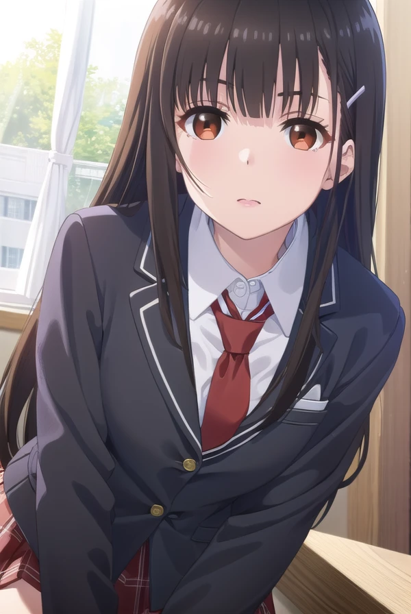 yumeirido, <lora:yume irido s1-lora-nochekaiser:1>,
yume irido, long hair, bangs, (black hair:1.5), hair ornament, (brown eyes:1.5), hairclip,
BREAK shirt, school uniform, jacket, white shirt, necktie, collared shirt, blazer, red necktie, red skirt, skirt,
BREAK indoors, classroom,
BREAK looking at viewer, (cowboy shot:1.5),
BREAK <lyco:GoodHands-beta2:1>, (masterpiece:1.2), best quality, high resolution, unity 8k wallpaper, (illustration:0.8), (beautiful detailed eyes:1.6), extremely detailed face, perfect lighting, extremely detailed CG, (perfect hands, perfect anatomy),